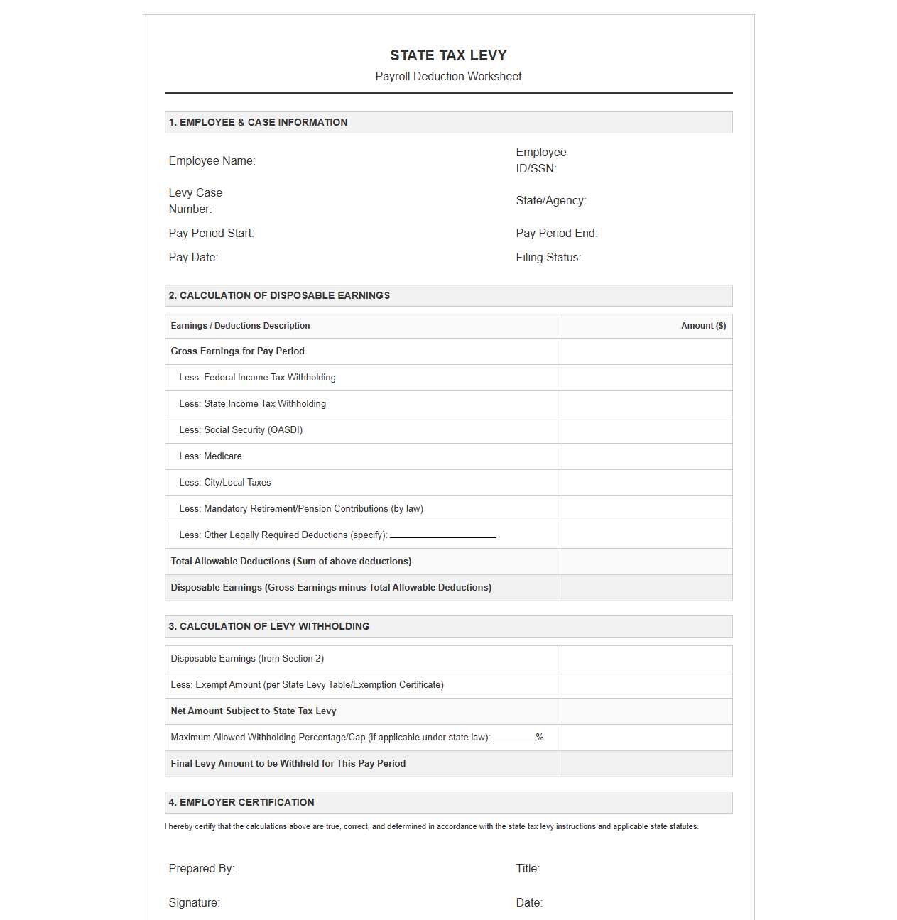 State Tax Levy Payroll Deduction Worksheet