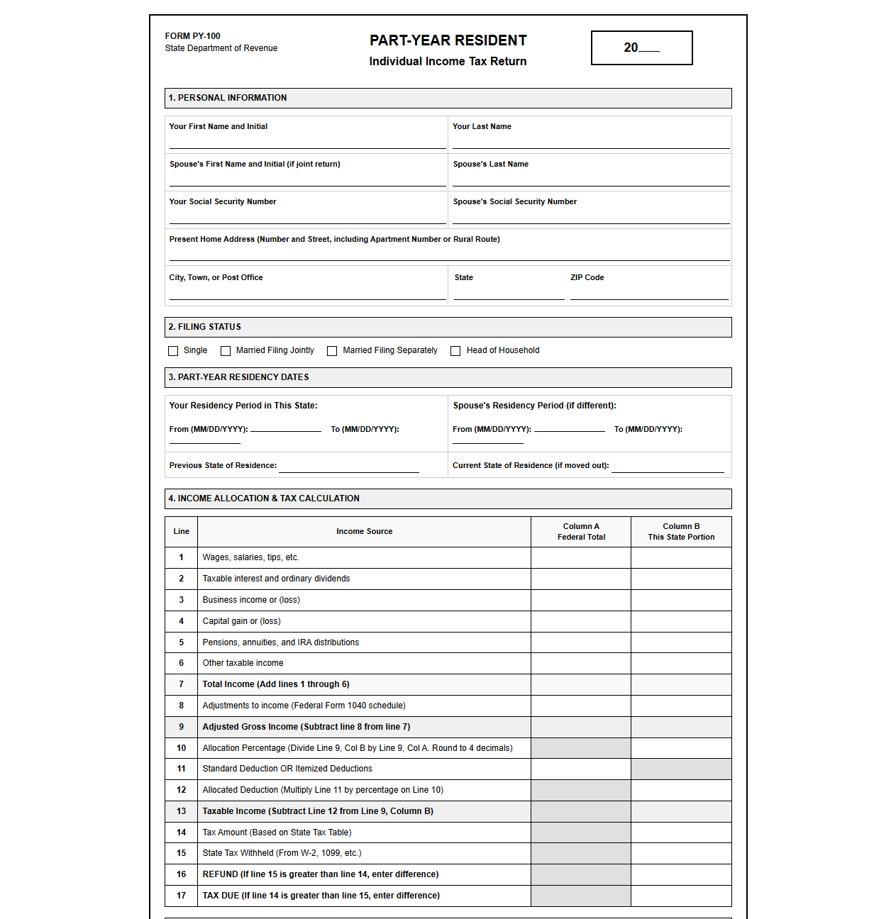State Tax Return Template for Part-Year Residents