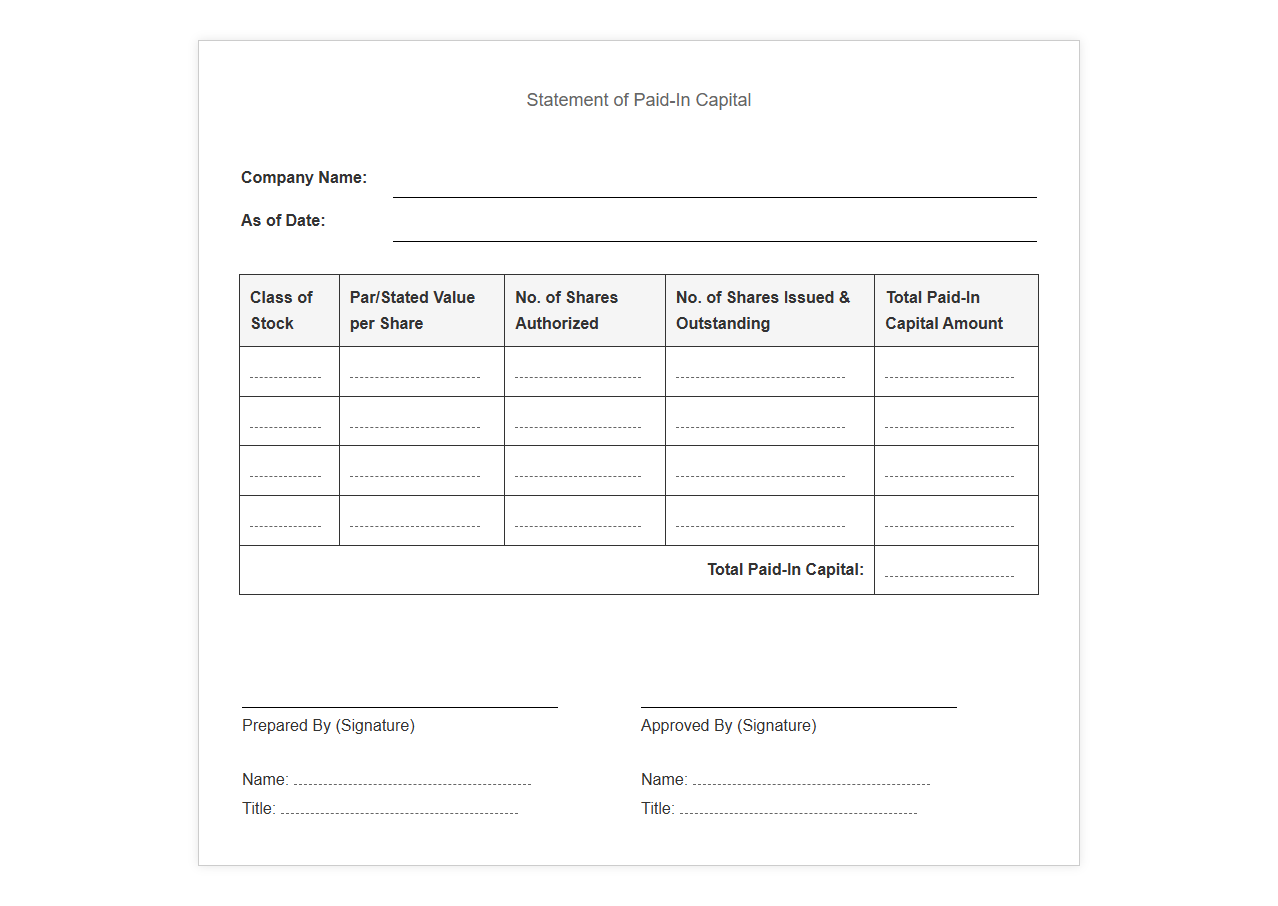Statement of Paid-In Capital Form