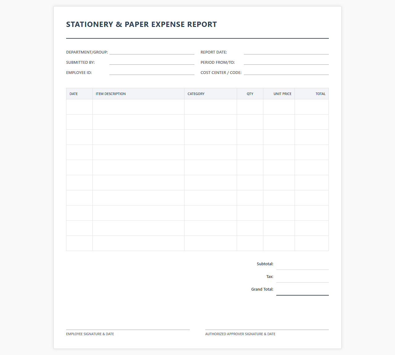 Stationery and Paper Expense Report Template