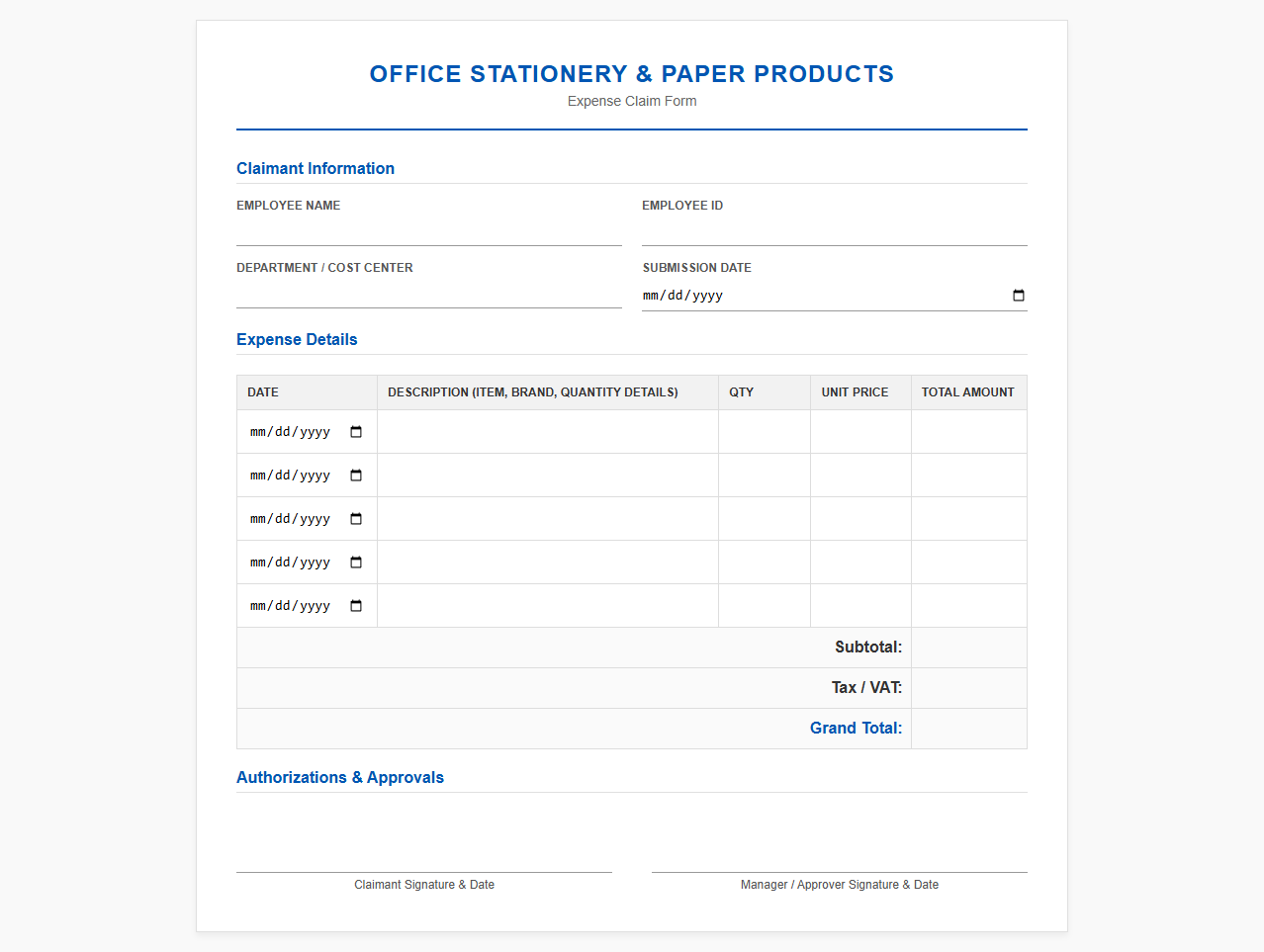 Stationery and Paper Product Expense Claim Form