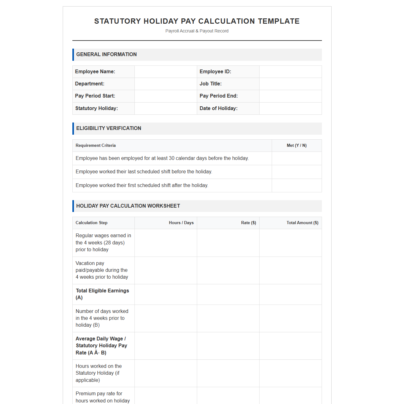 Statutory Holiday Pay Calculation Template