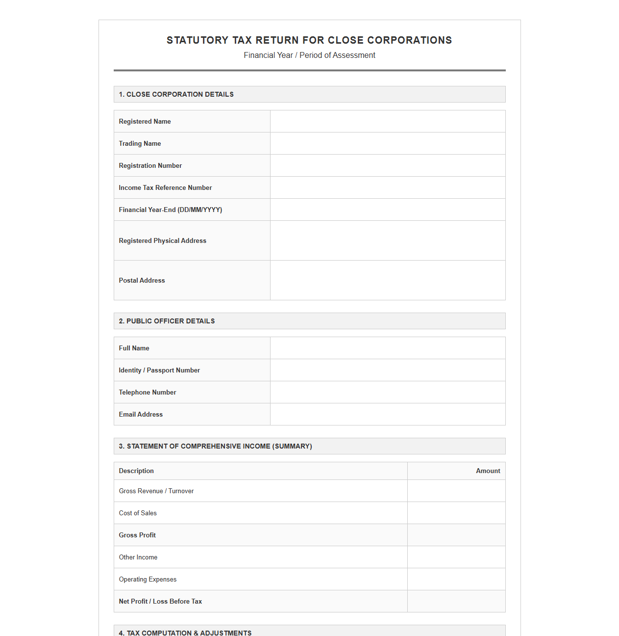Statutory Tax Return Template for Close Corporations