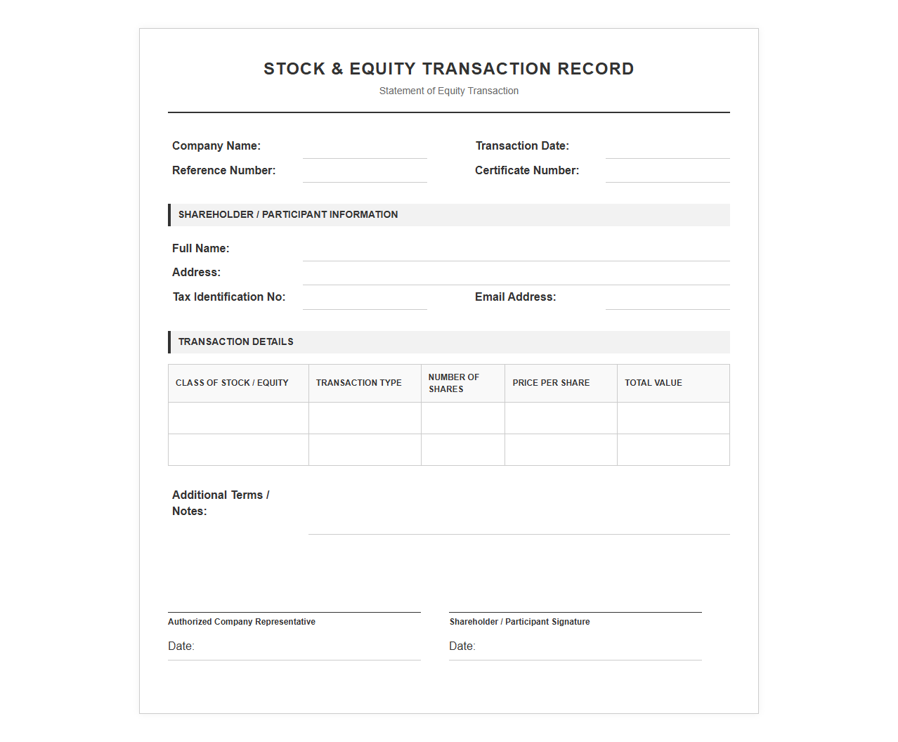 Stock and Equity Transaction Record Template