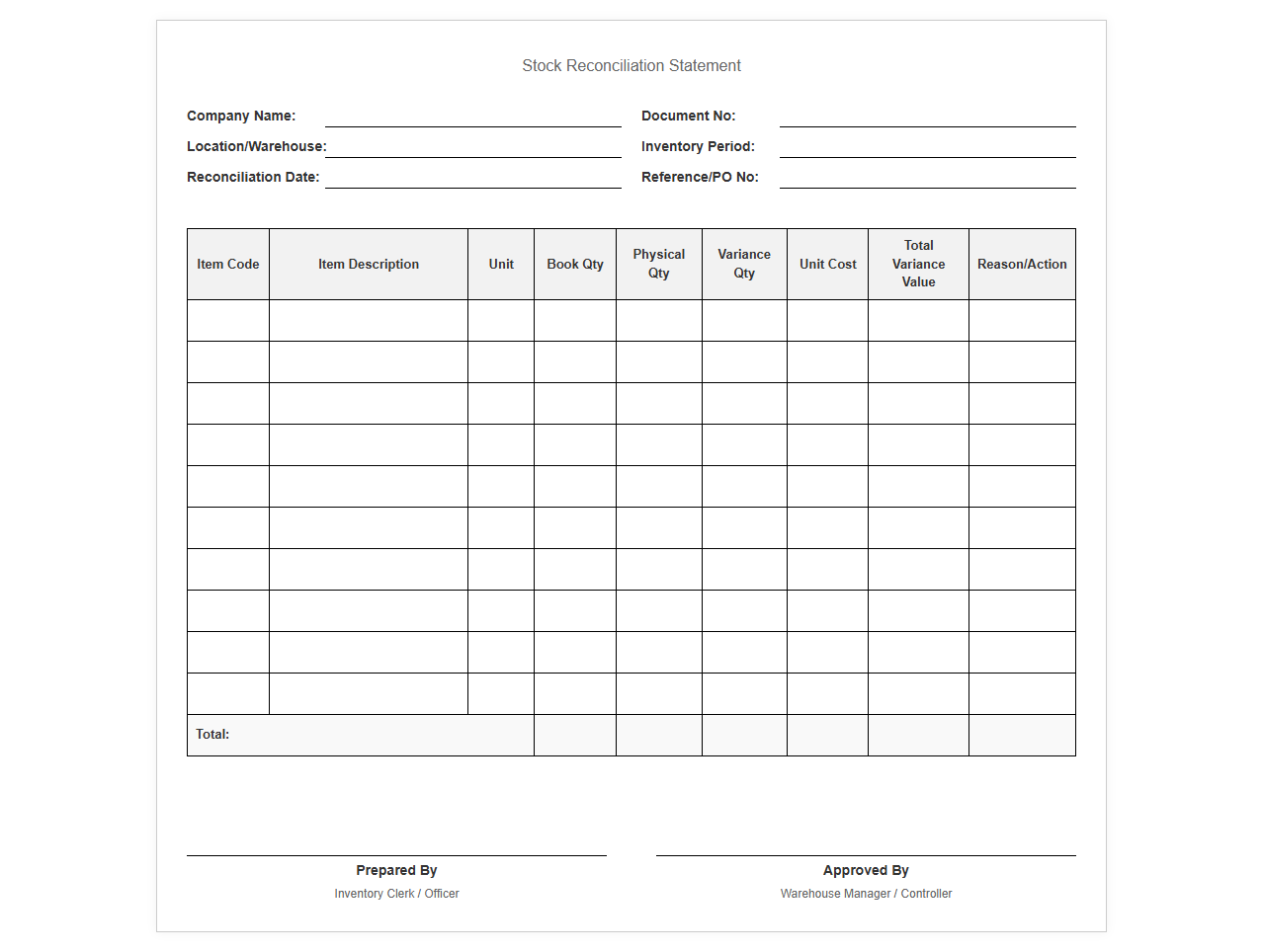 Stock Reconciliation Statement Template