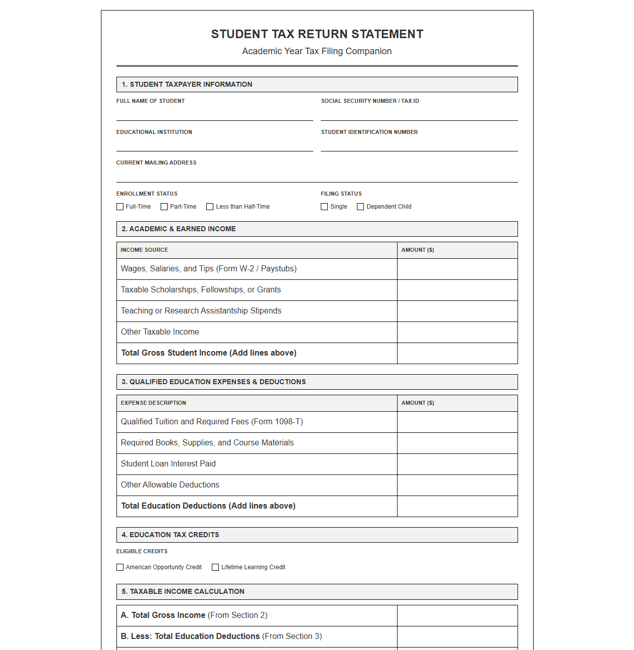 Student Tax Return Template