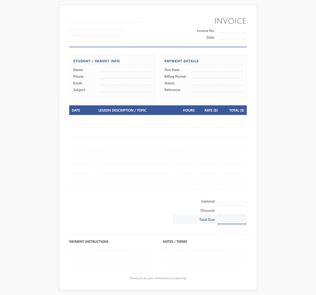 Student Tutoring Program Invoice Template