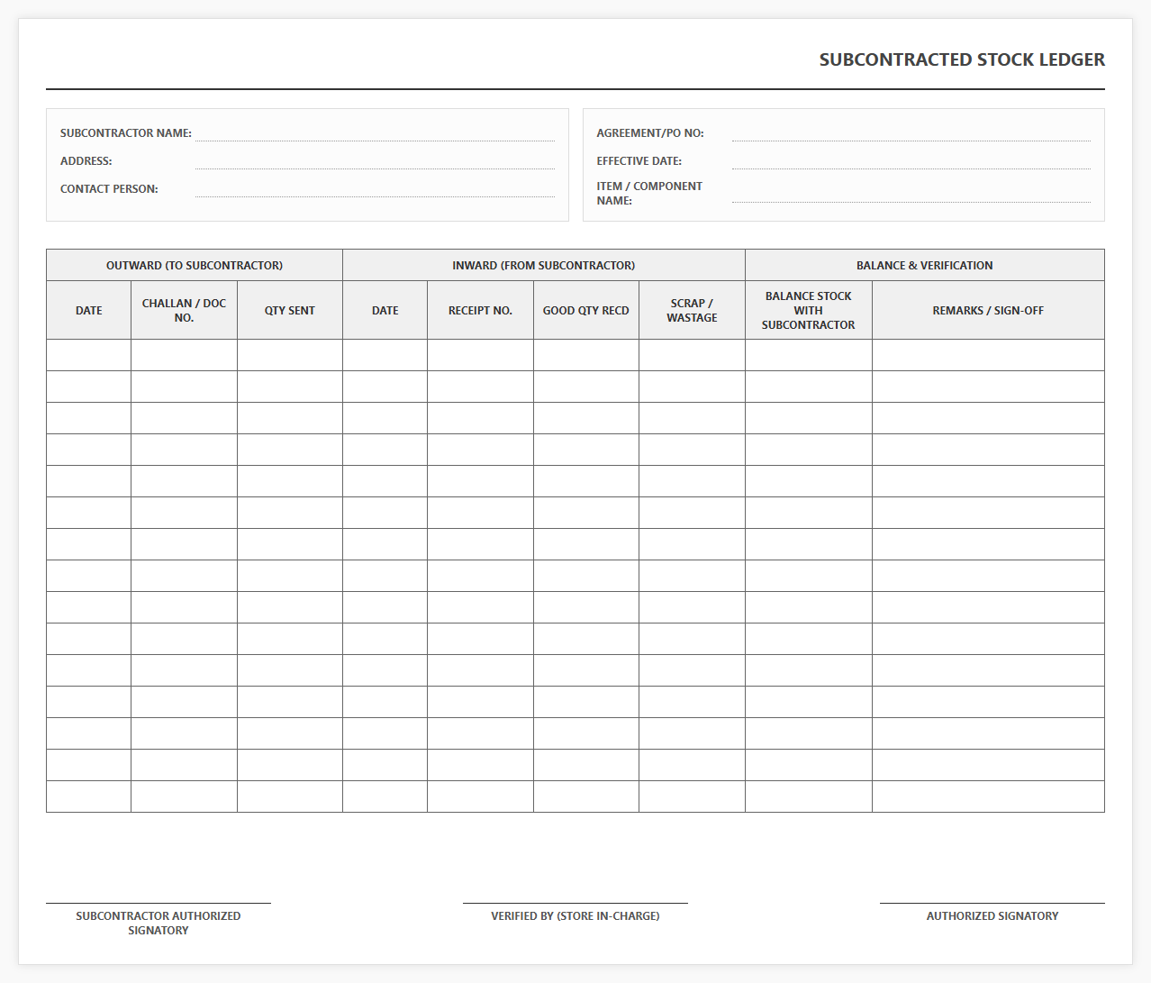 Subcontracted Stock Ledger Template