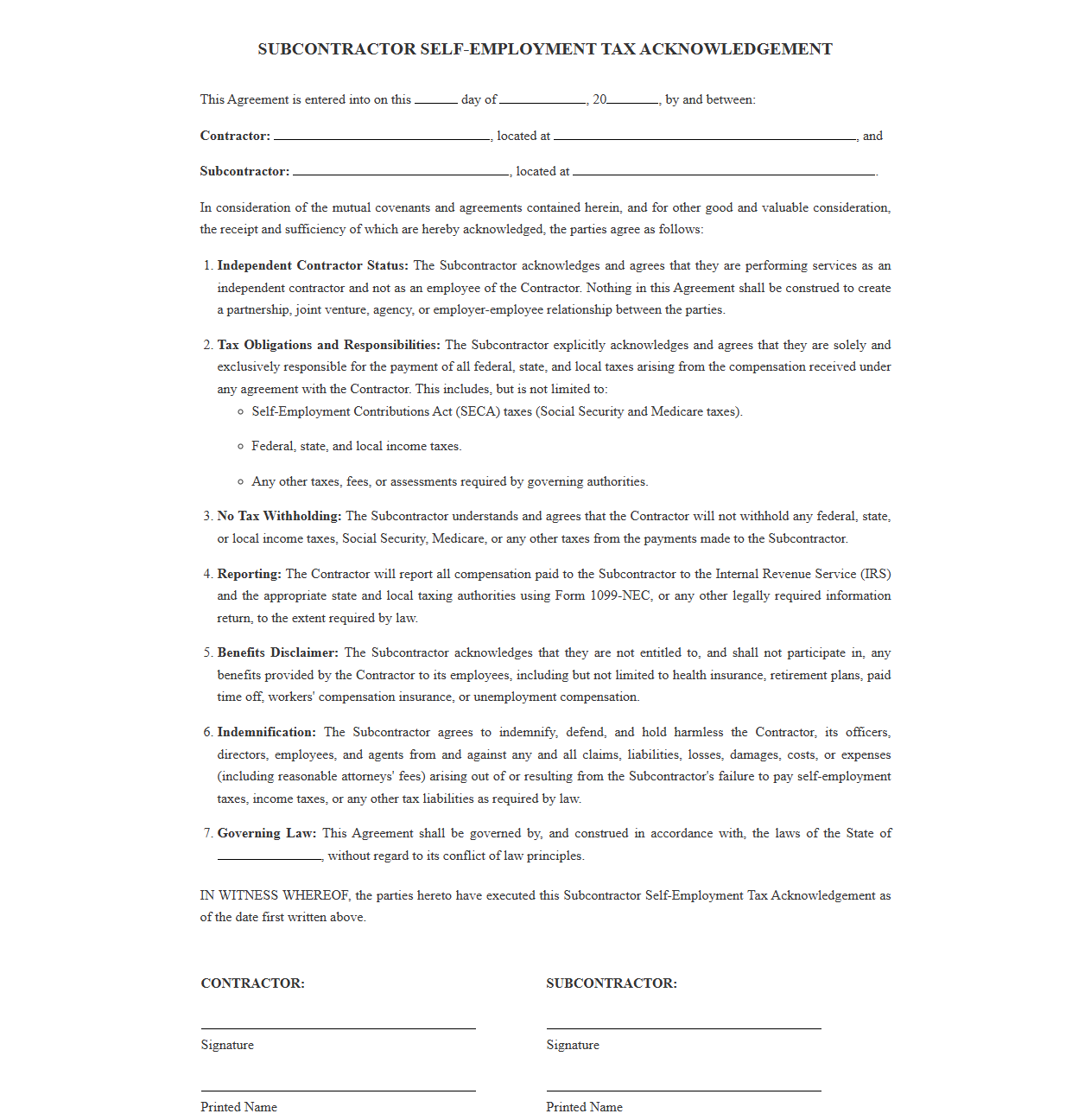 Subcontractor Agreement on Self Employment Tax Obligations