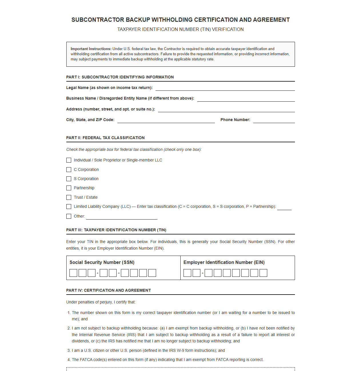 Subcontractor Backup Withholding Certification and Agreement