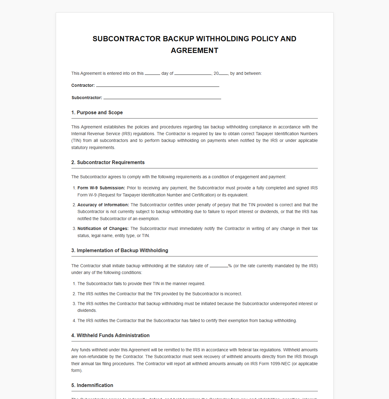 Subcontractor Backup Withholding Policy and Agreement
