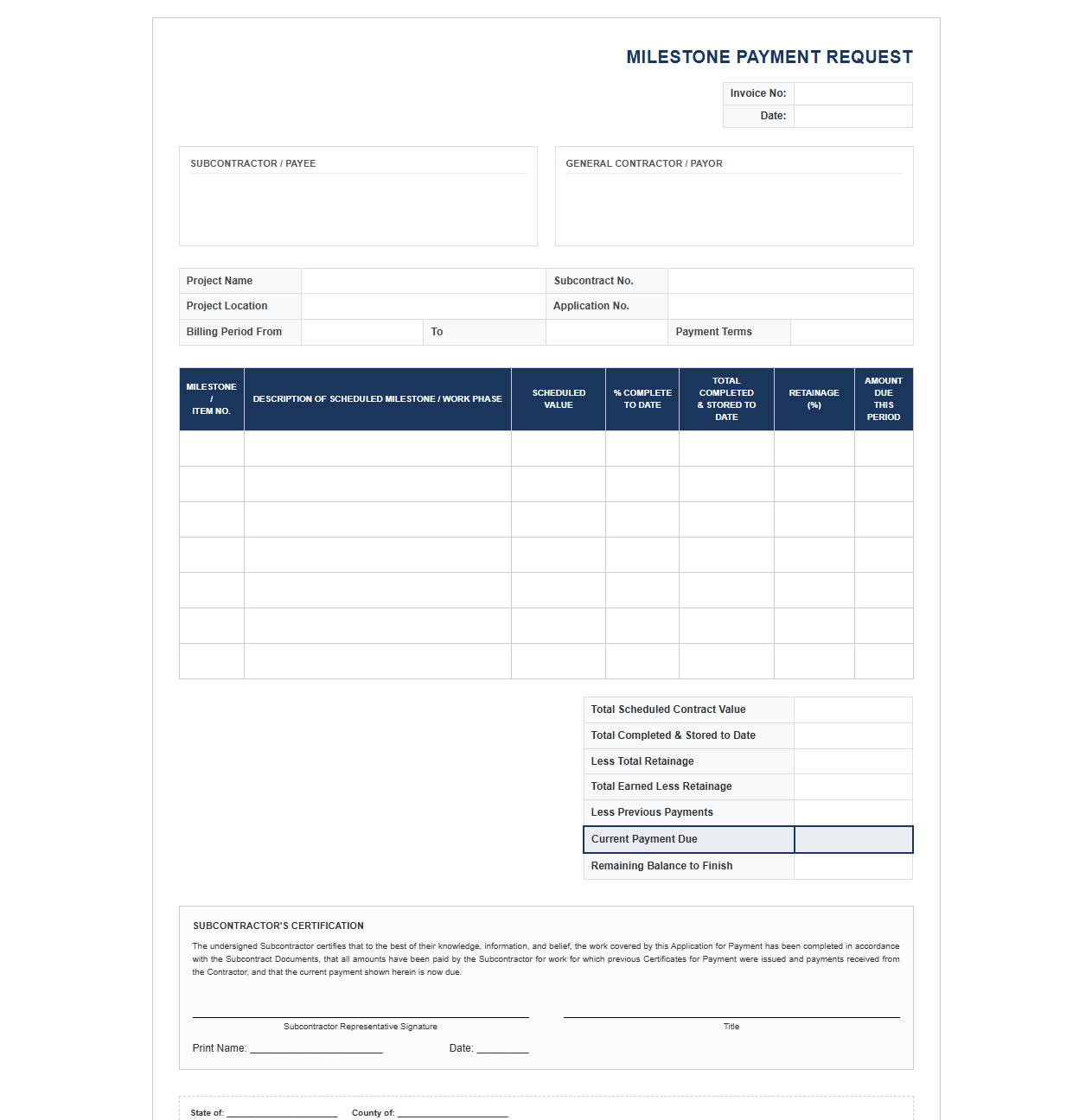 Subcontractor Milestone Payment Invoice for Commercial Projects