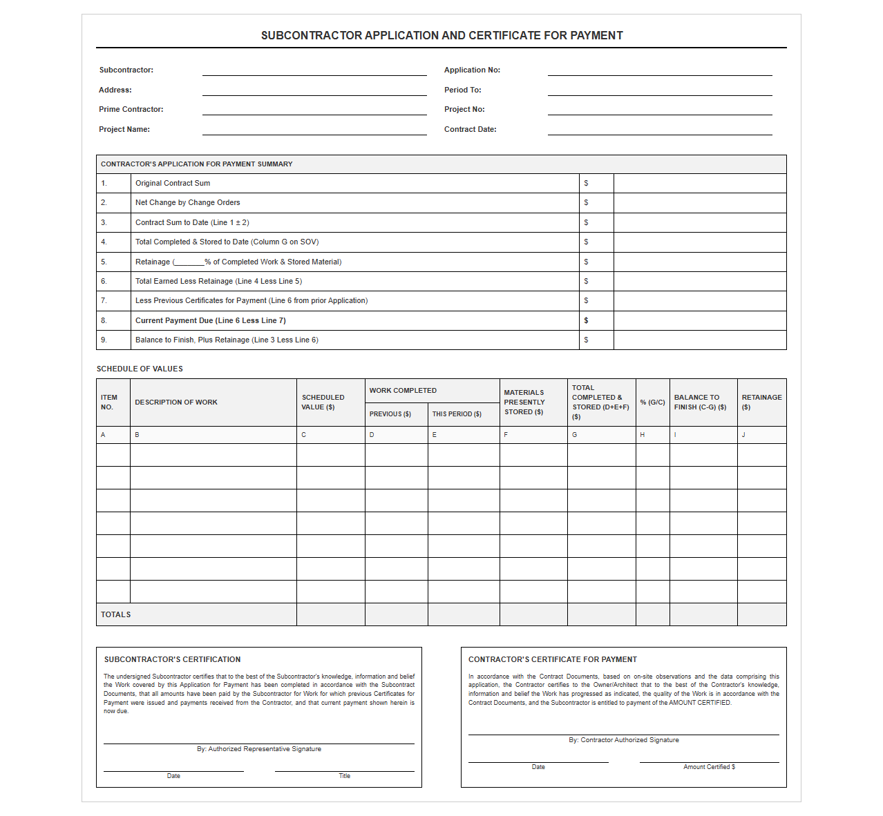 Subcontractor Schedule of Values Billing Template
