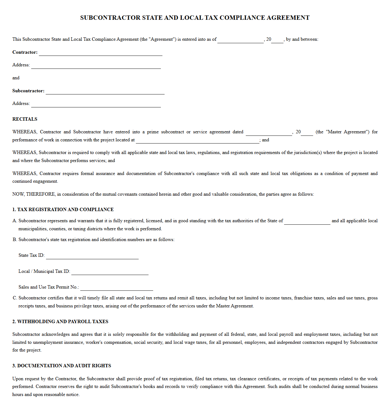 Subcontractor State and Local Tax Compliance Agreement