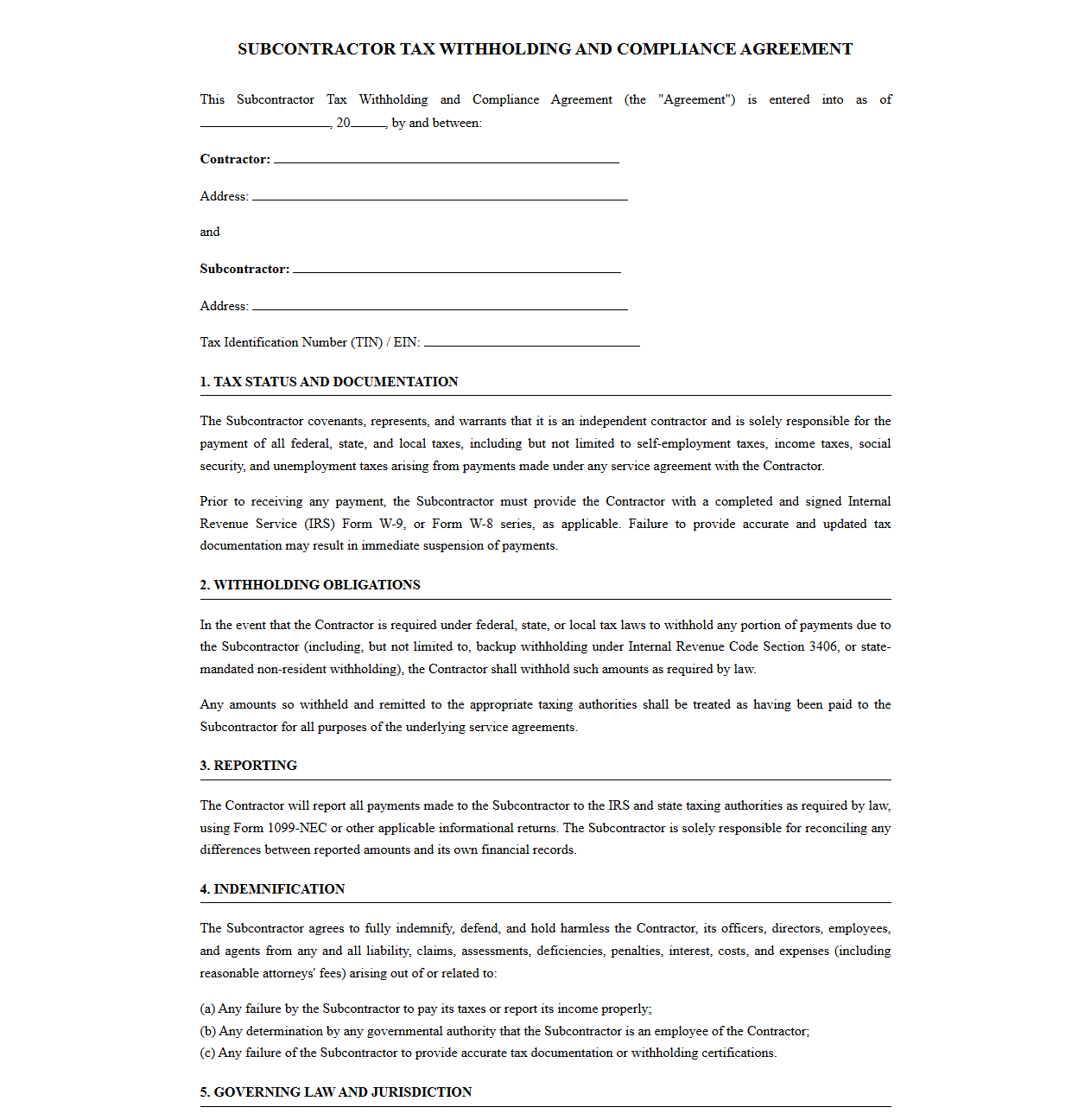 Subcontractor Tax Withholding and Compliance Agreement