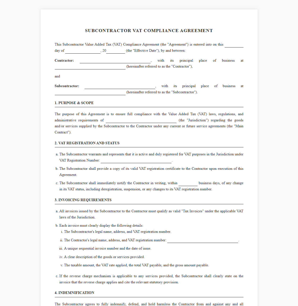 Subcontractor VAT Compliance Agreement Template
