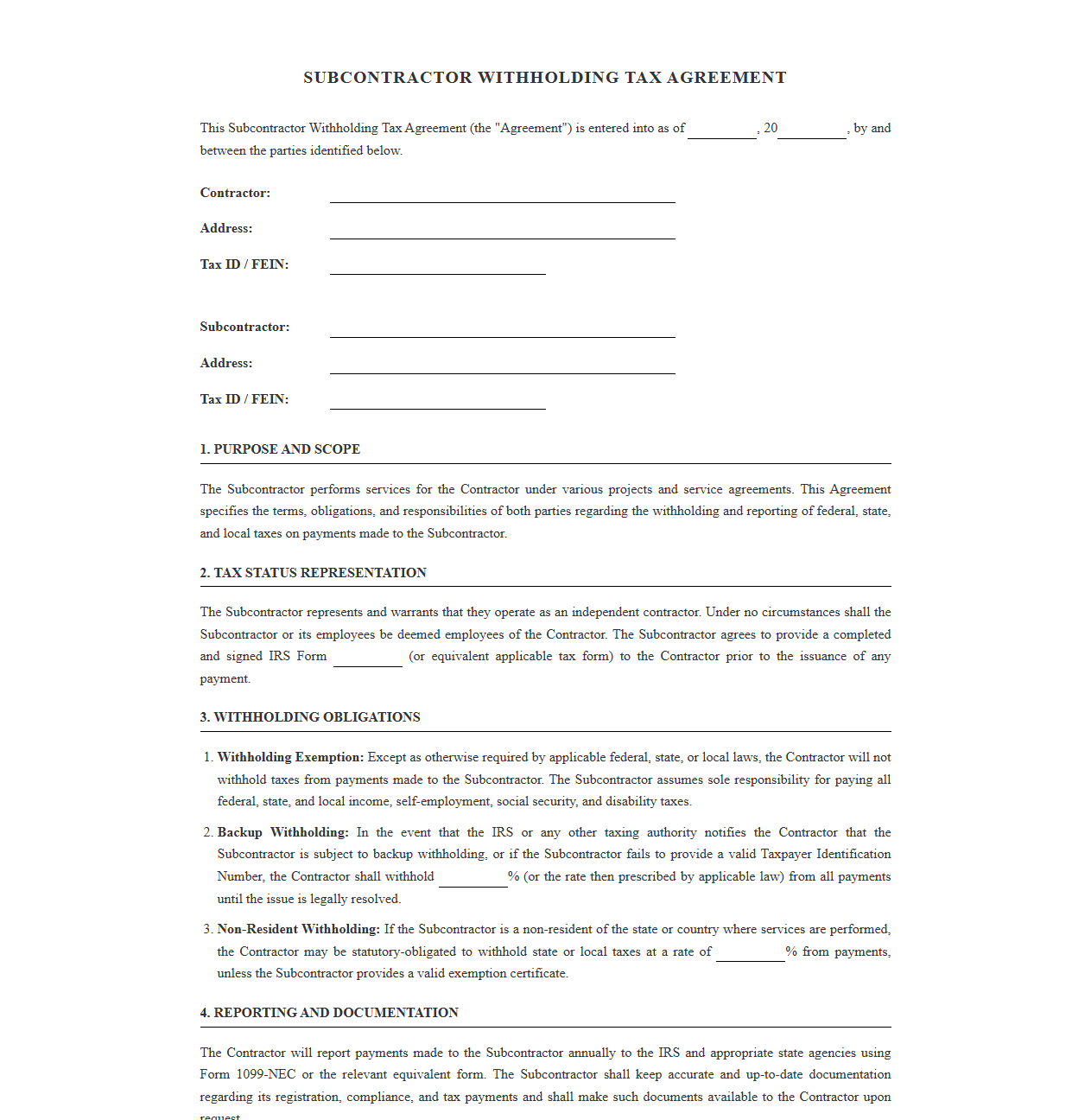 Subcontractor Withholding Tax Agreement Template