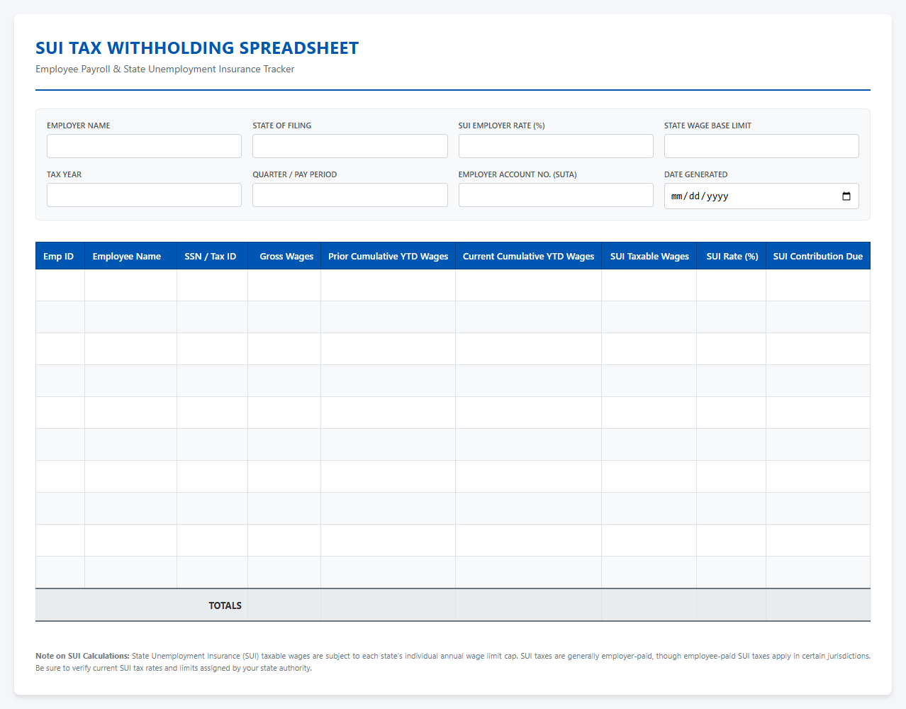 SUI Tax Withholding Spreadsheet for Employee Payroll