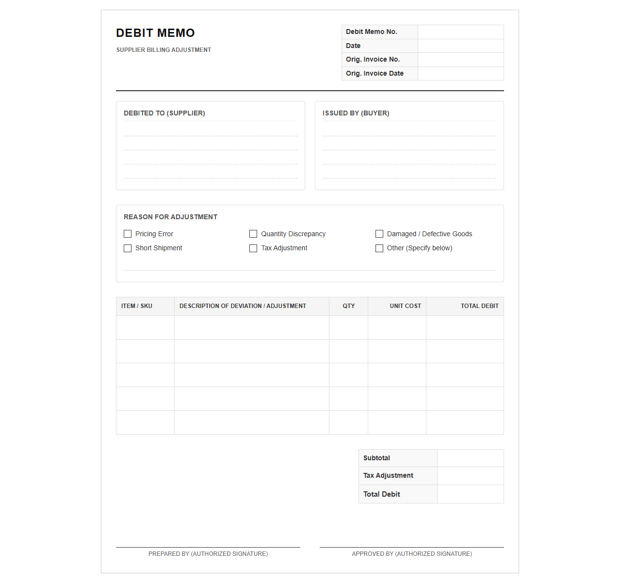 Supplier Billing Adjustment Debit Memo Form