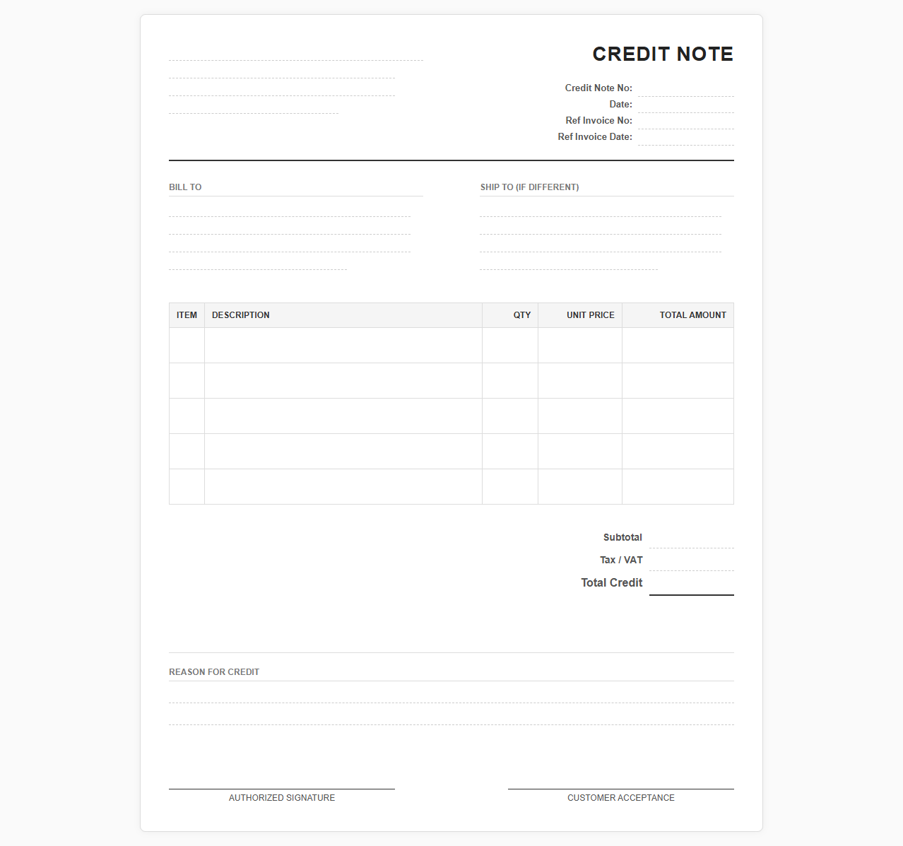 Supplier Credit Note Invoice Template