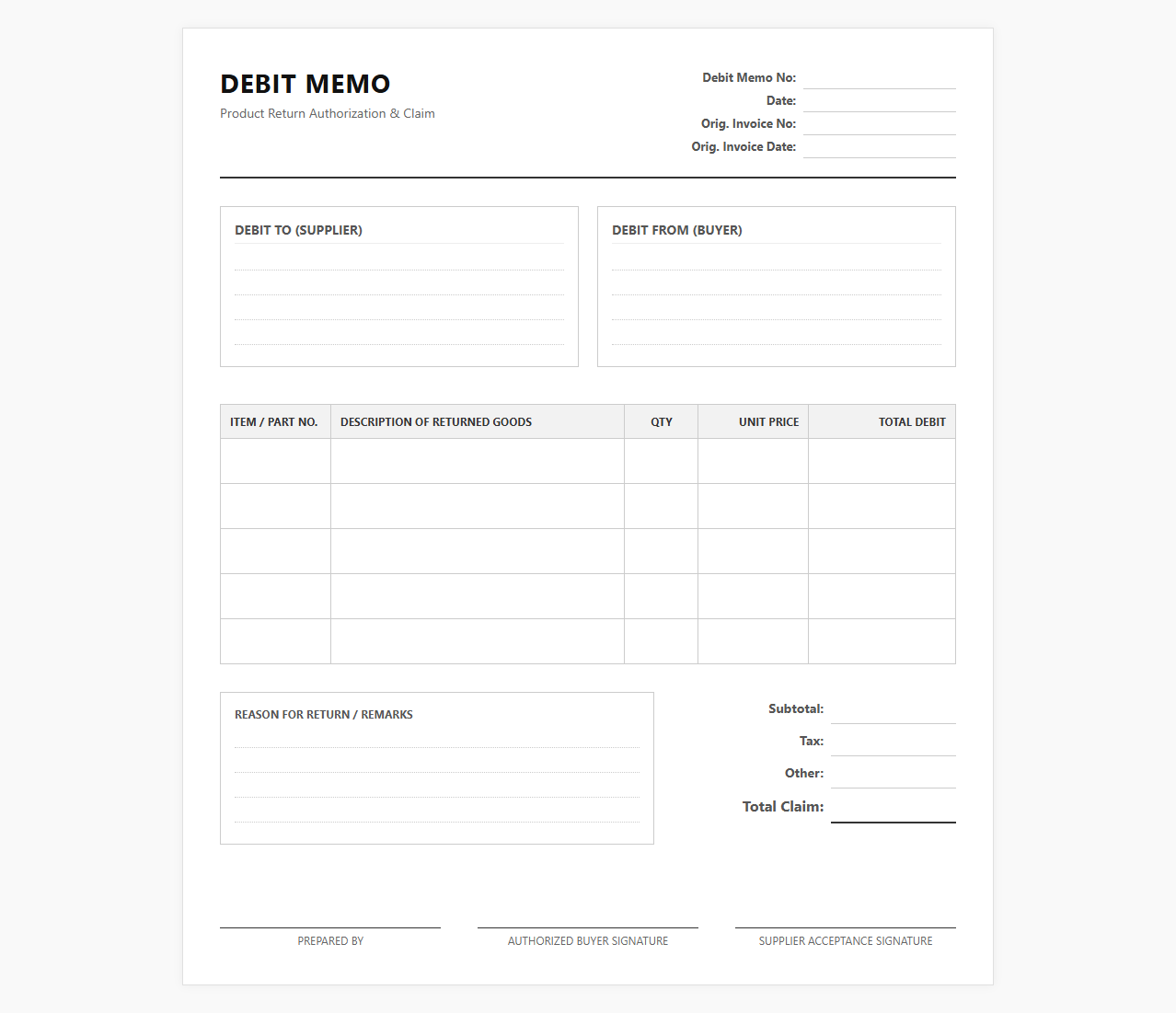 Supplier Debit Memo for Product Returns