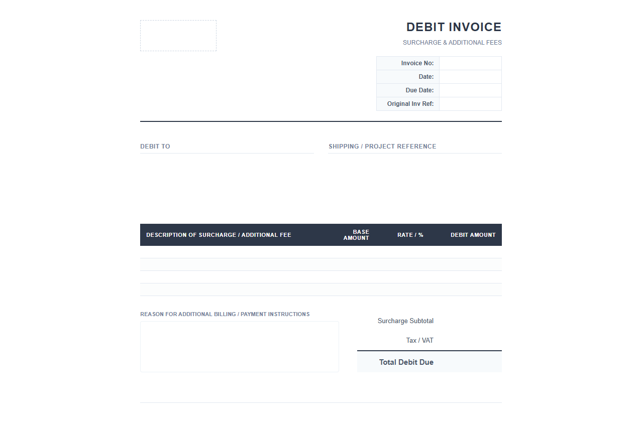 Surcharge and Additional Fees Debit Invoice