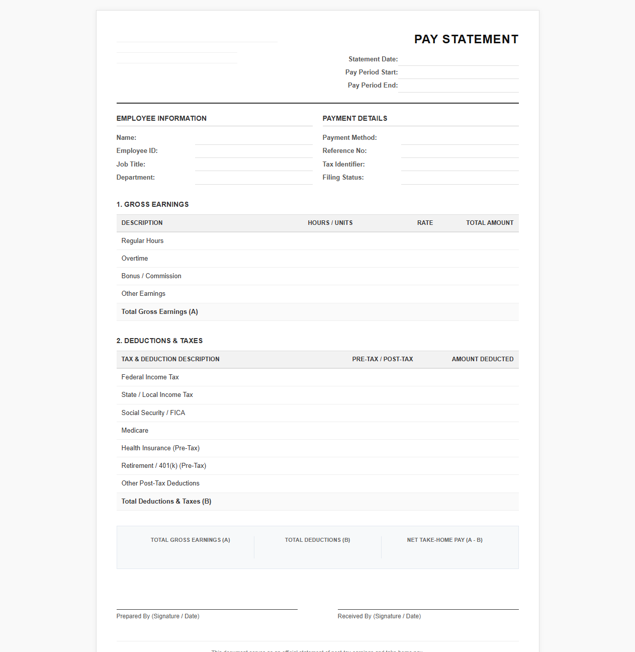 Take-Home Pay Statement Template
