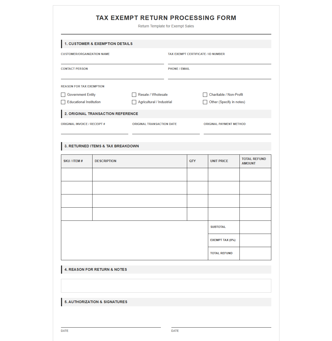 Tax Exempt Return Processing Form