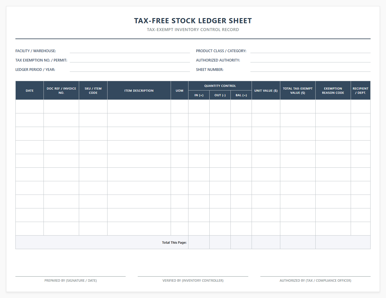 Tax-Free Stock Ledger Sheet