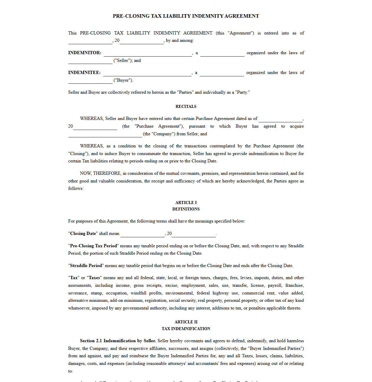 Tax Indemnity Agreement for Pre-Closing Liabilities