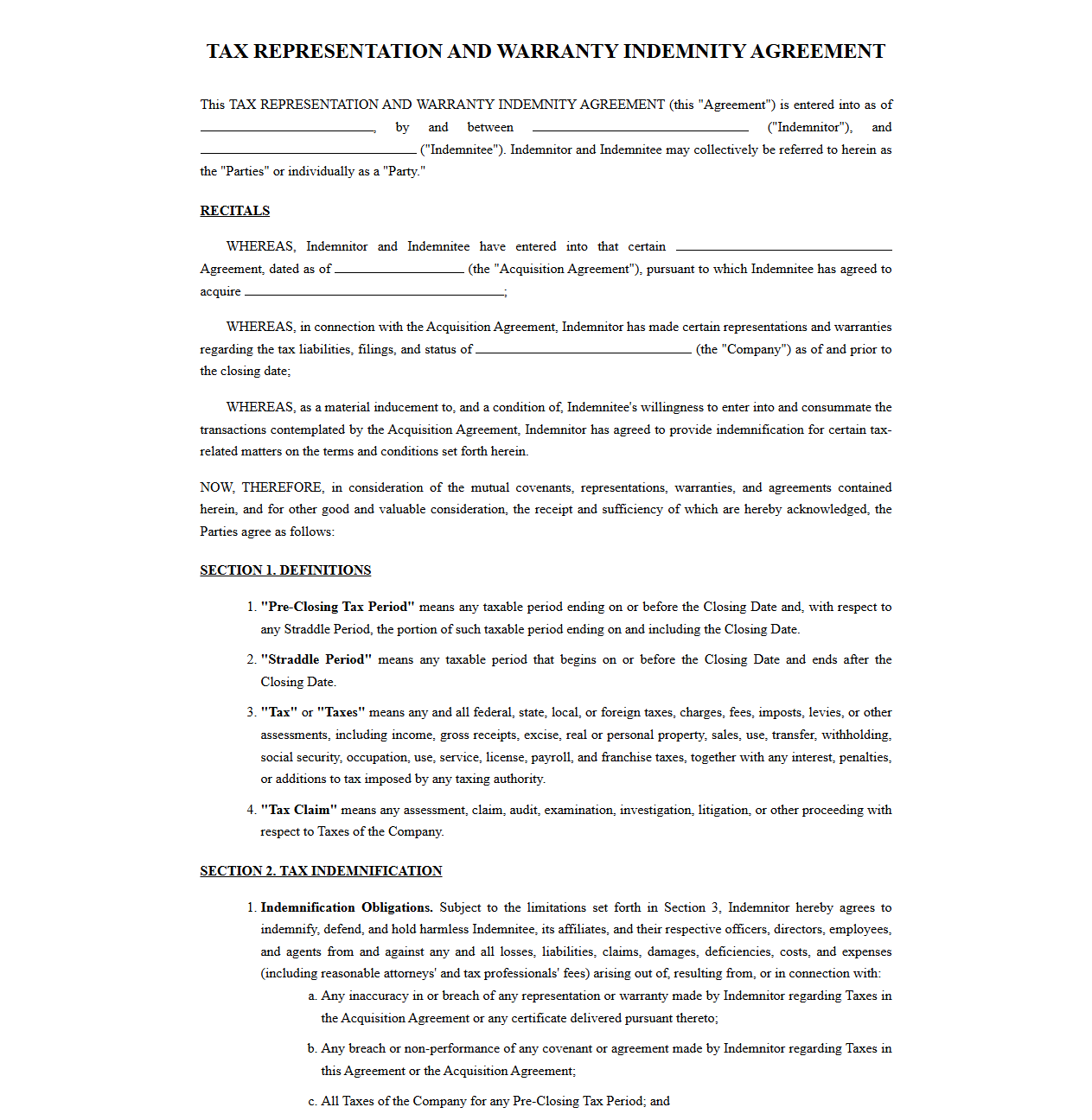 Tax Indemnity Agreement for Representations and Warranties