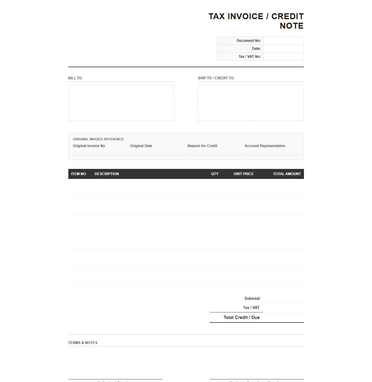 Tax Invoice and Credit Note Template