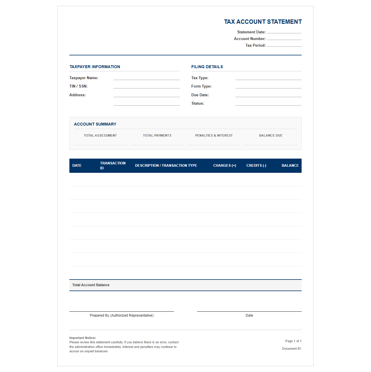 Tax Liability and Payment Statement Template