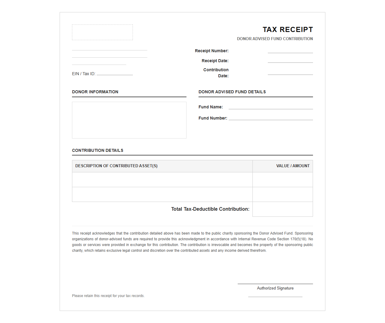 Tax Receipt for Donor Advised Fund Contributions