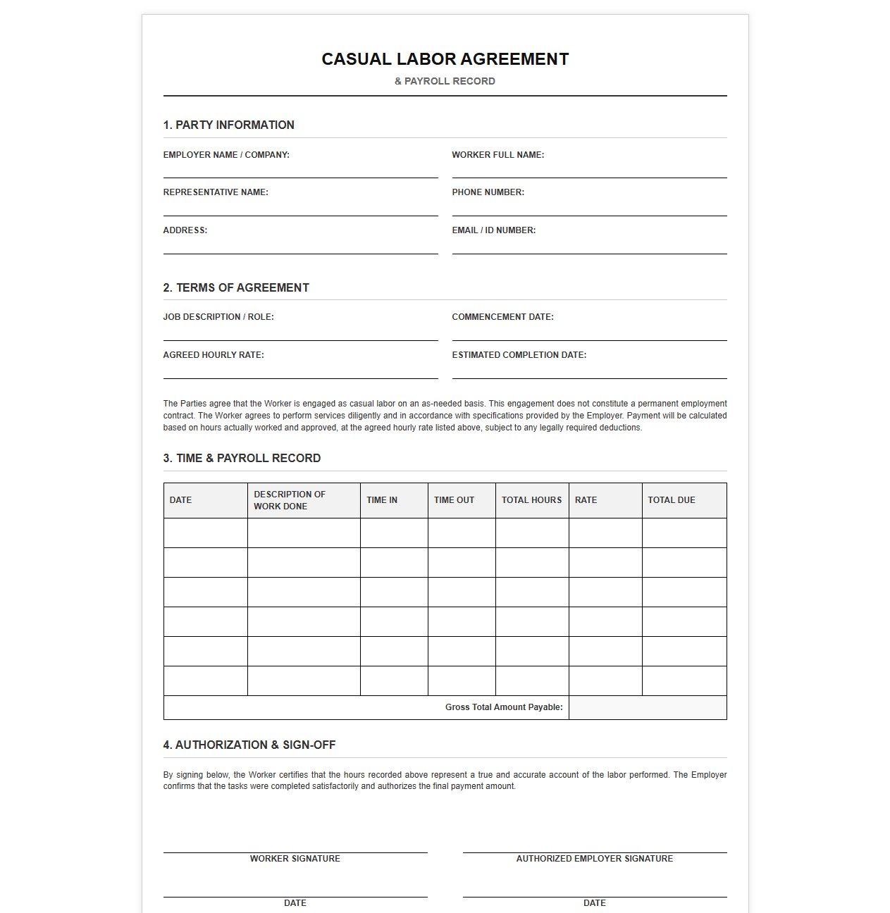 Temp Worker Payroll and Agreement Template