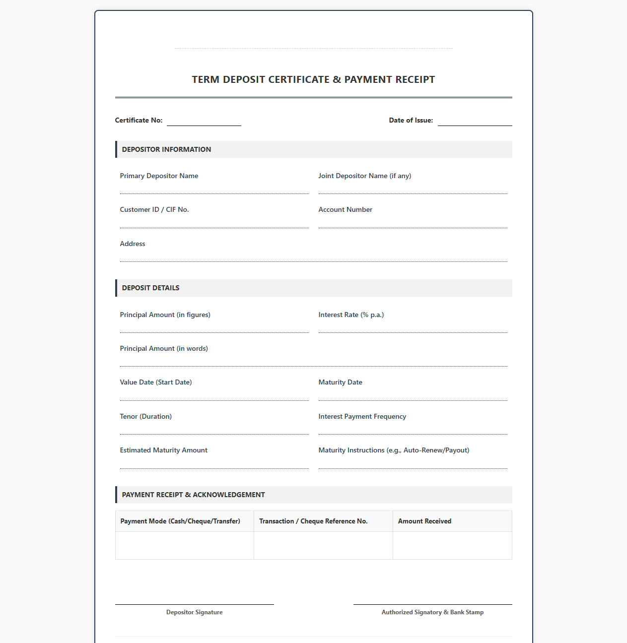 Term Deposit Certificate and Payment Receipt