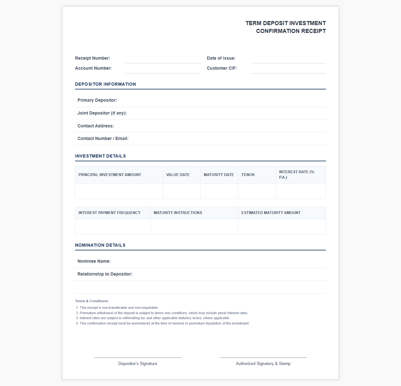 Term Deposit Investment Confirmation Receipt Template
