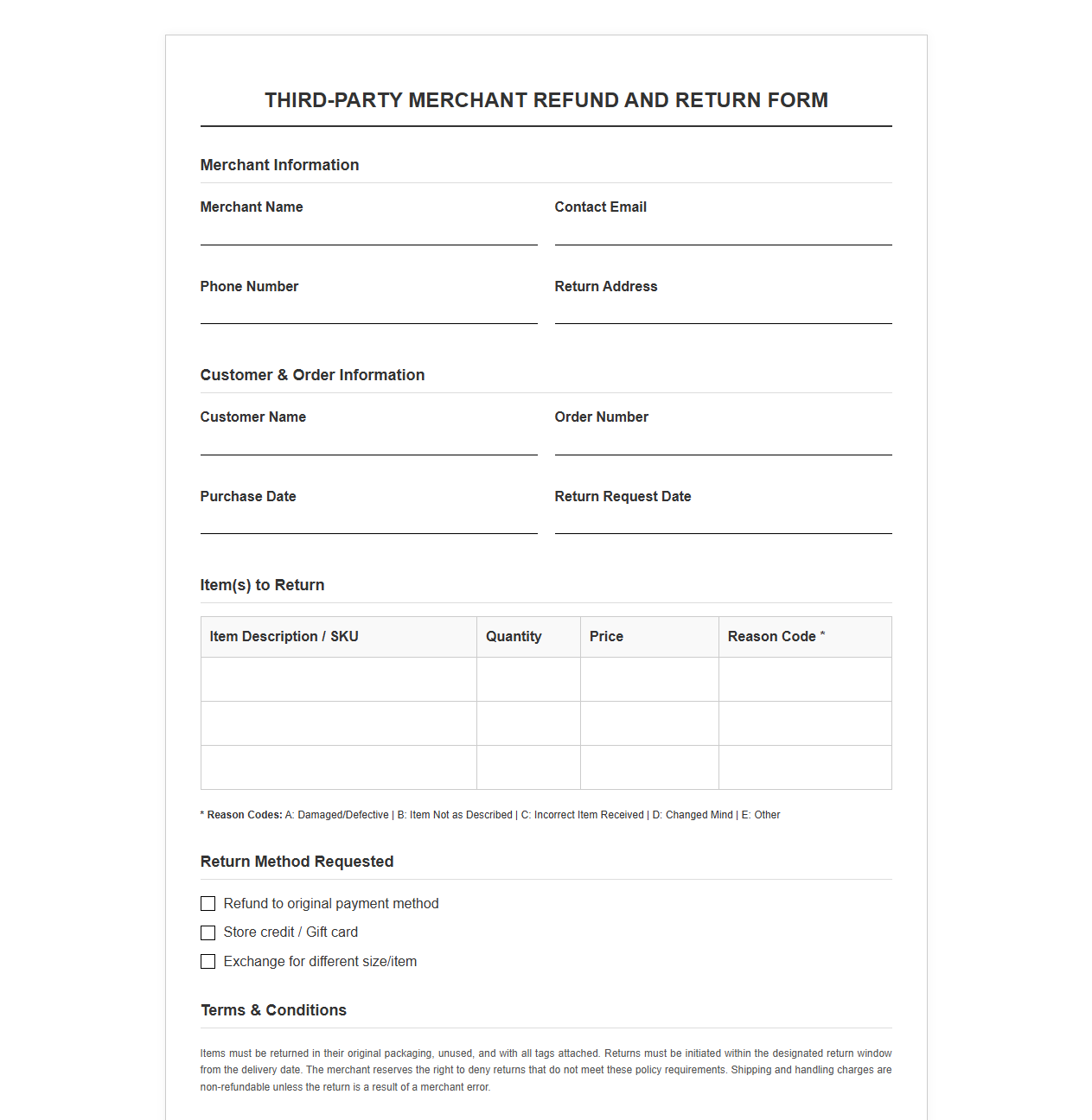 Third-Party Merchant Refund and Return Template
