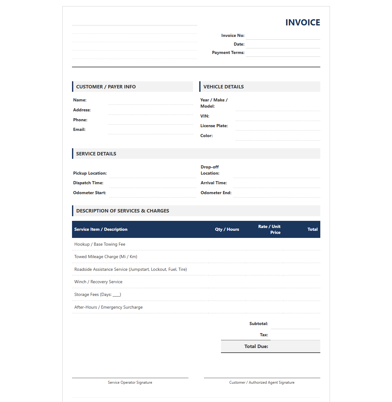 Towing and Vehicle Assistance Expense Invoice