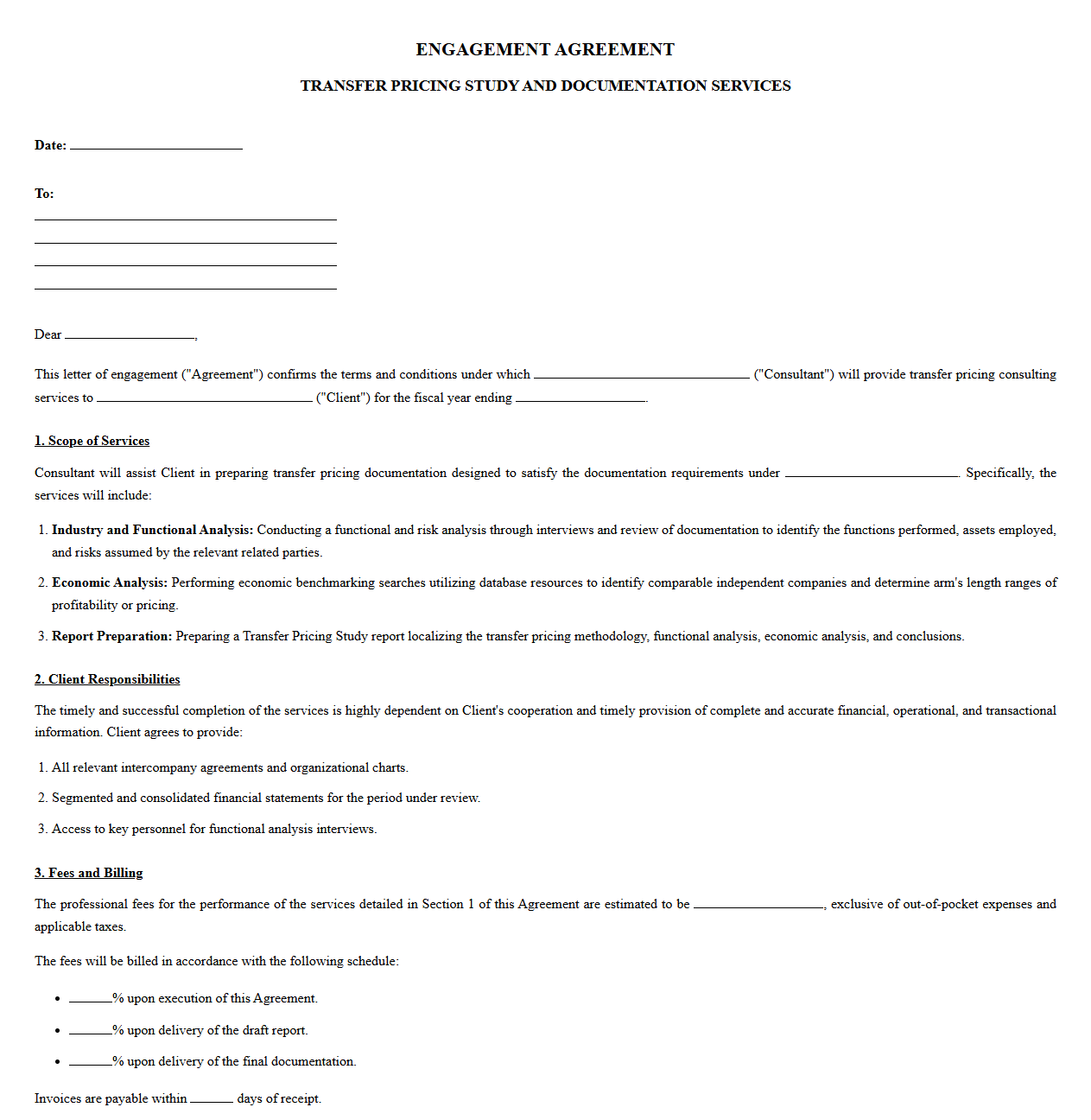 Transfer Pricing Study and Documentation Engagement Letter