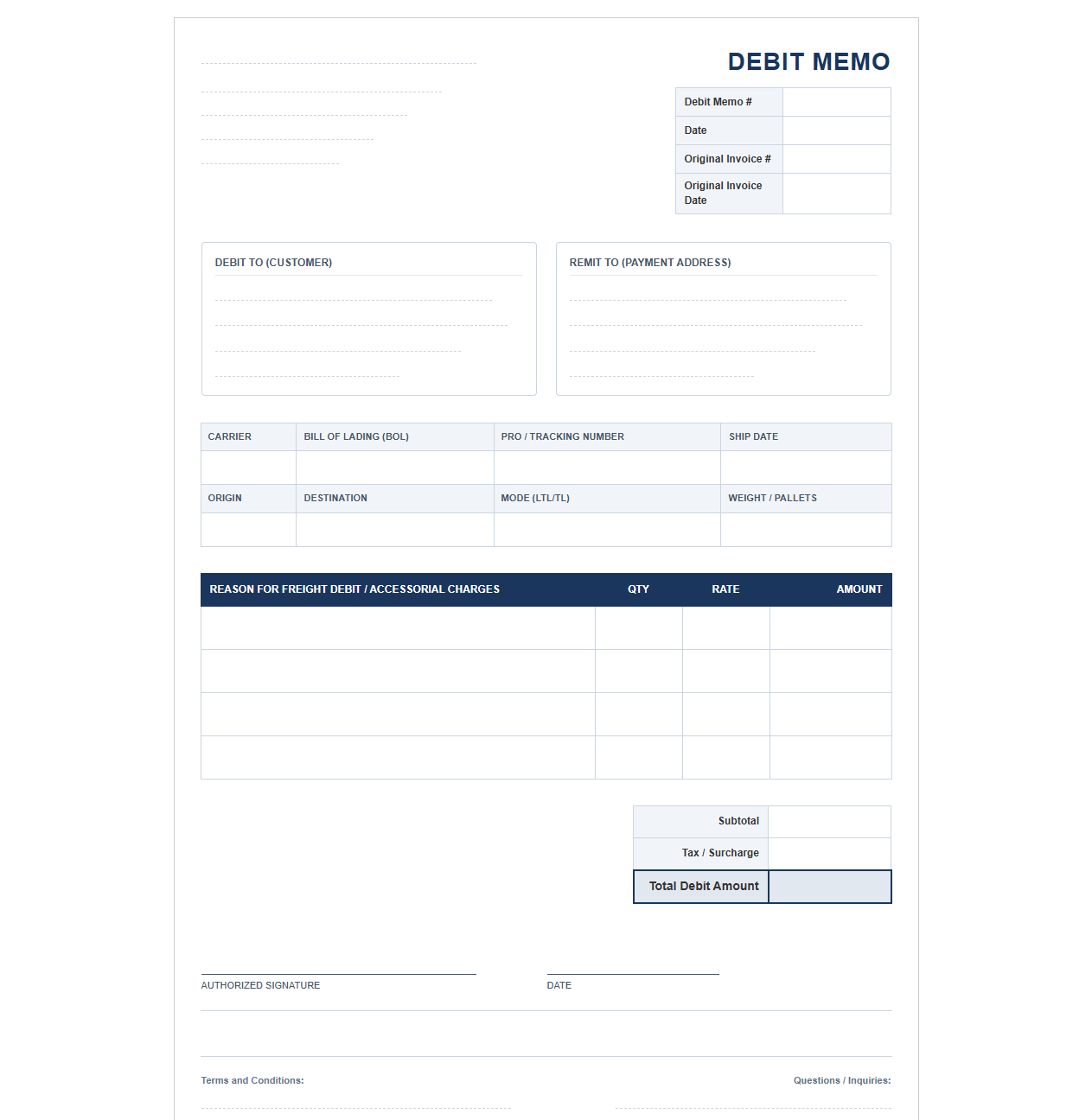 Transportation Freight Charge Debit Memo Template