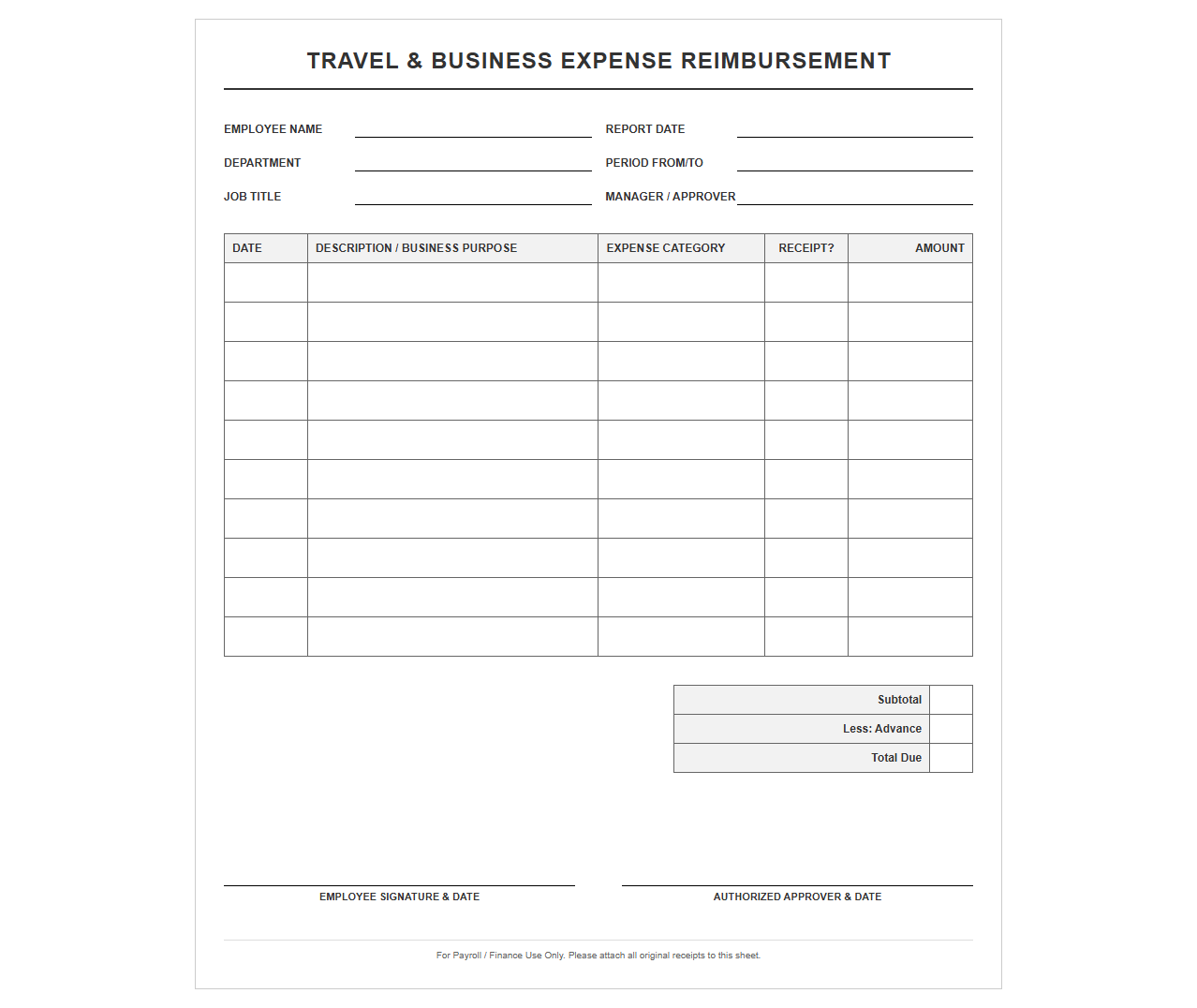 Travel and Business Expense Reimbursement Sheet