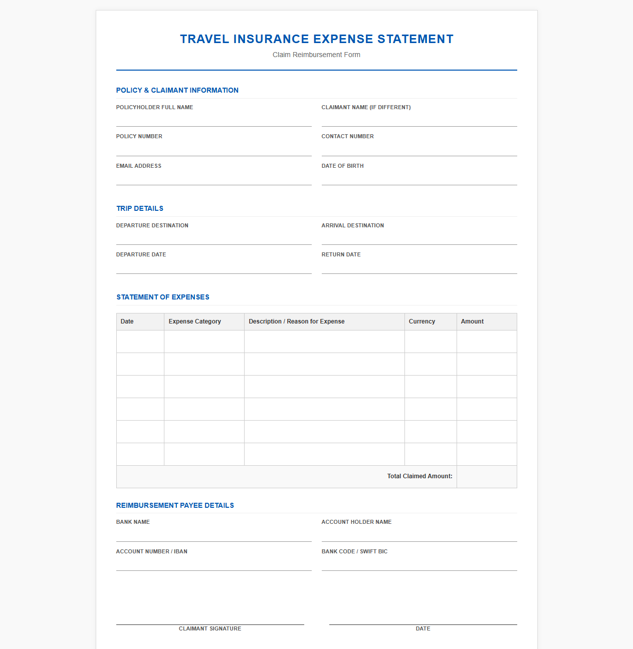 Travel Insurance Expense Statement Template