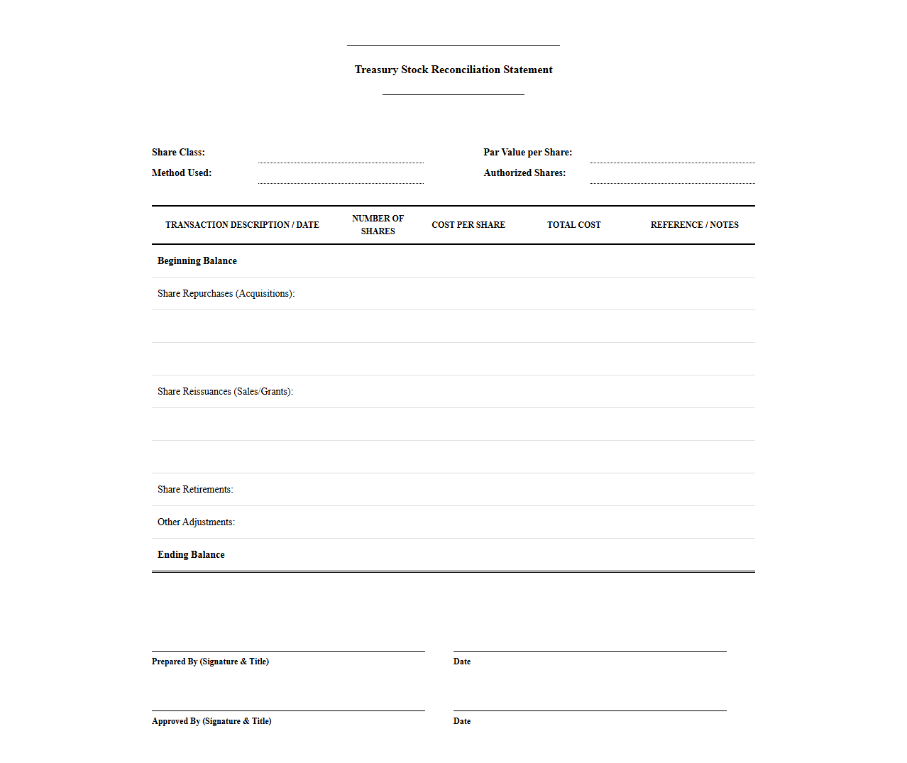 Treasury Stock Reconciliation Statement Template