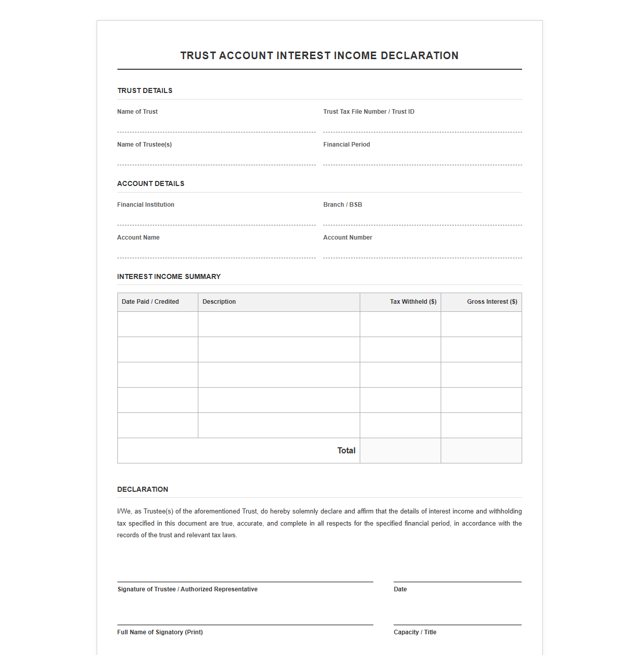 Trust Account Interest Income Declaration
