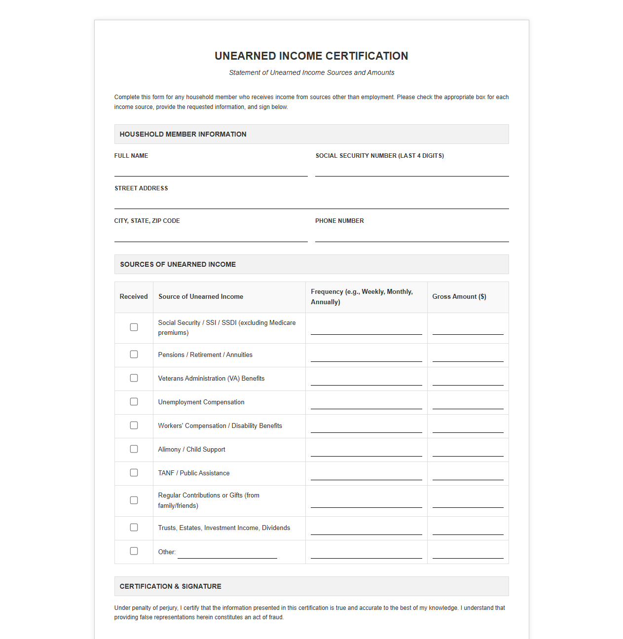 Unearned Income Certification Form
