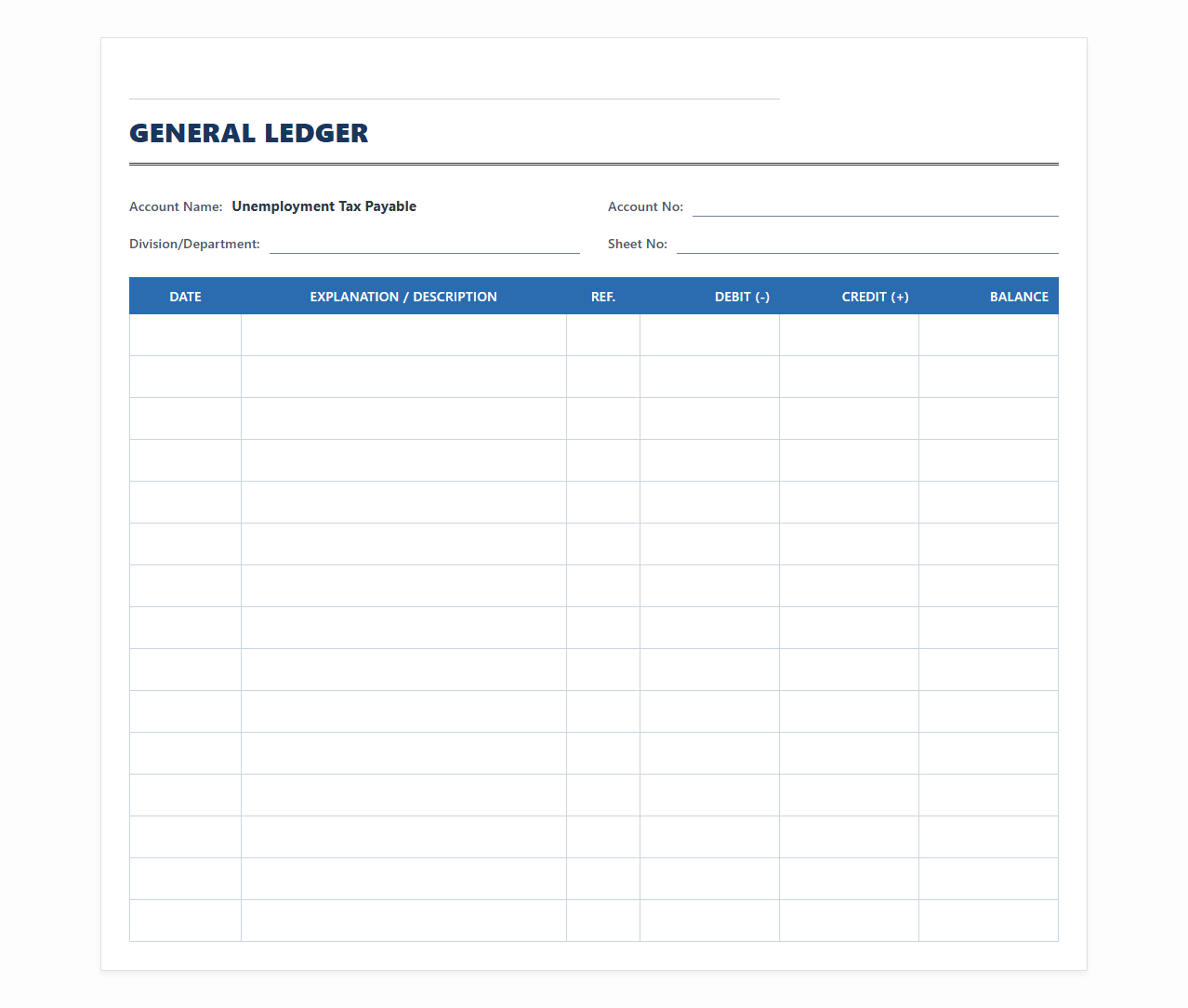 Unemployment Tax Payable General Ledger Sheet
