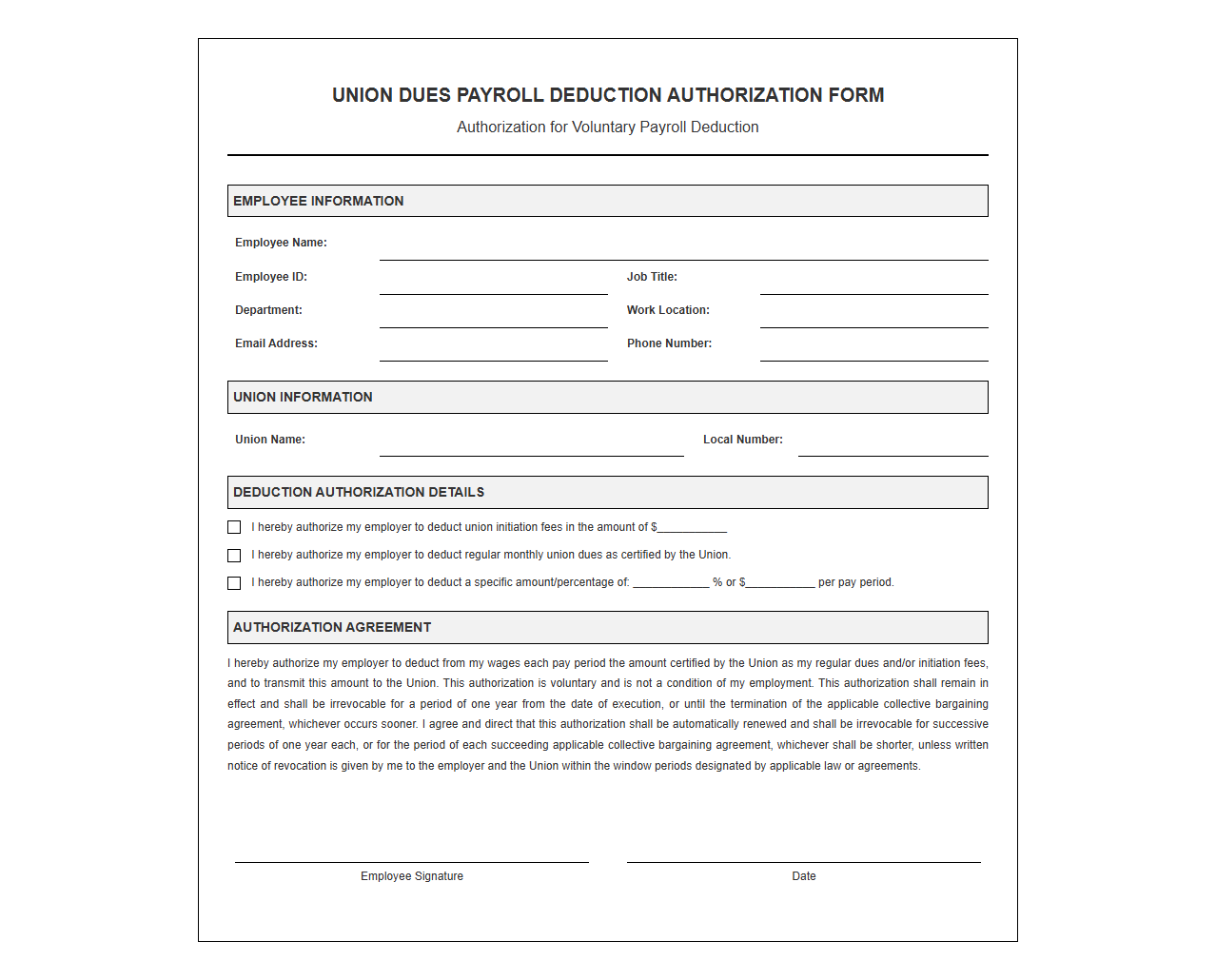 Union Dues Payroll Deduction Authorization Form