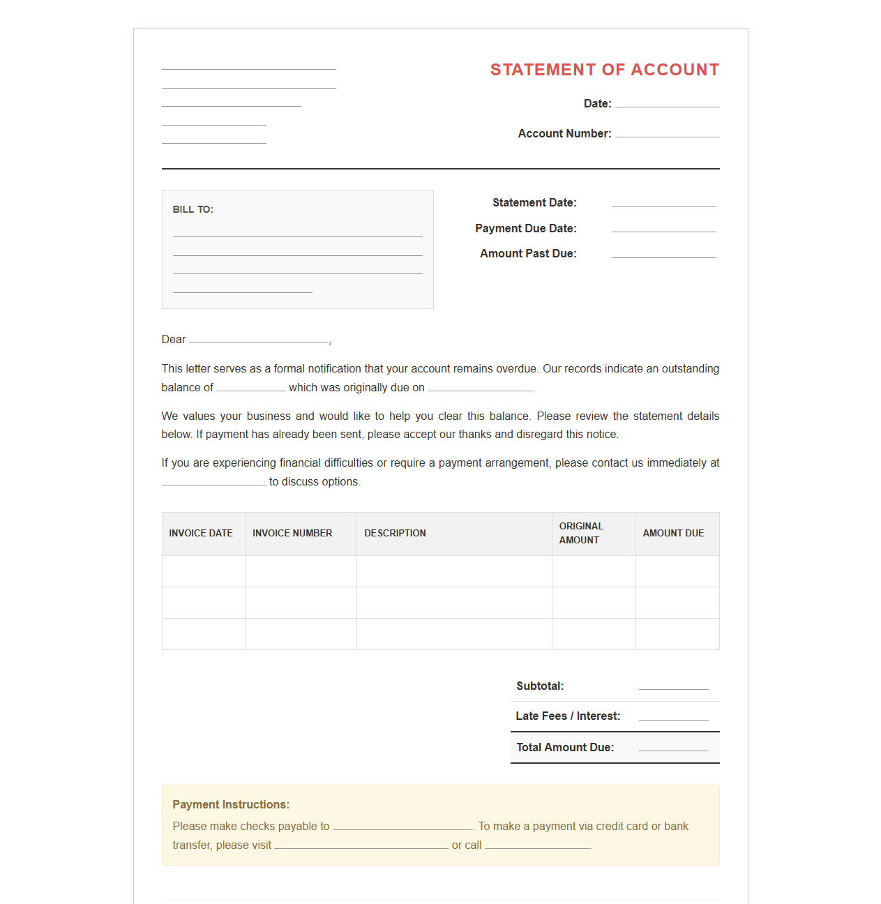 Unpaid Balance Statement and Collection Letter