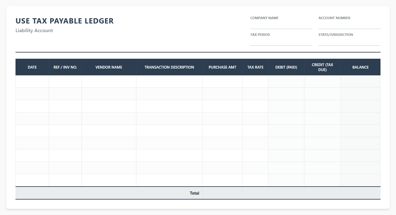 Use Tax Payable Ledger Sheet